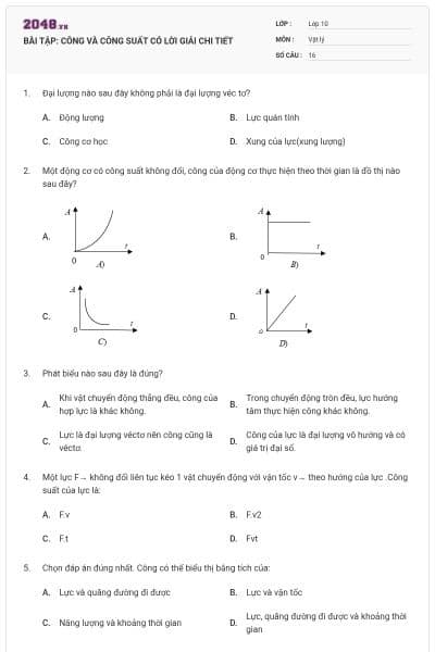 BÀI TẬP: CÔNG VÀ CÔNG SUẤT CÓ LỜI GIẢI CHI TIẾT