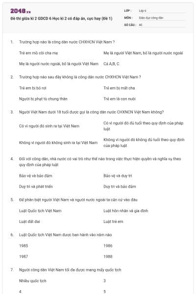 Đề thi giữa kì 2 GDCD 6 Học kì 2 có đáp án, cực hay (Đề 1)