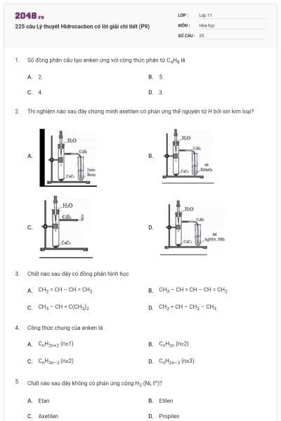 225 câu Lý thuyết Hidrocacbon có lời giải chi tiết (P9)