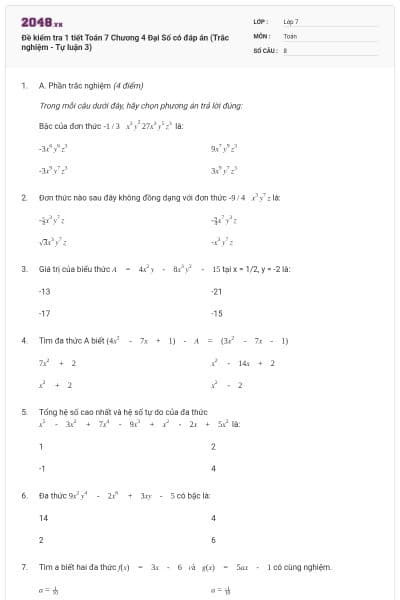 Đề kiểm tra 1 tiết Toán 7 Chương 4 Đại Số có đáp án (Trắc nghiệm - Tự luận 3)