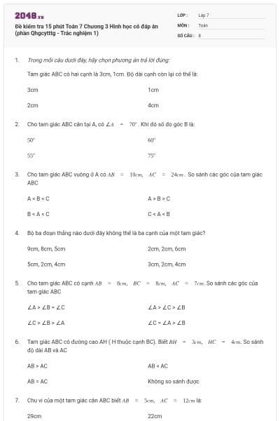 Đề kiểm tra 15 phút Toán 7 Chương 3 Hình học có đáp án (phần Qhgcytttg - Trắc nghiệm 1)