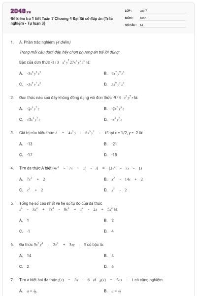 Đề kiểm tra 1 tiết Toán 7 Chương 4 Đại Số có đáp án (Trắc nghiệm - Tự luận 3)