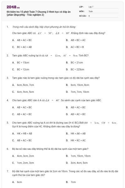 Đề kiểm tra 15 phút Toán 7 Chương 3 Hình học có đáp án (phần Qhgcytttg - Trắc nghiệm 2)