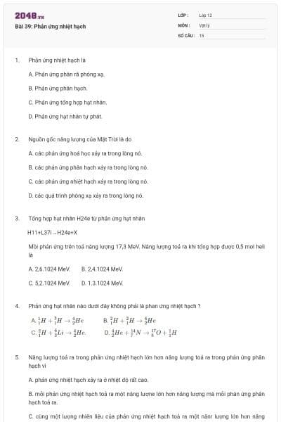 Bài 39: Phản ứng nhiệt hạch