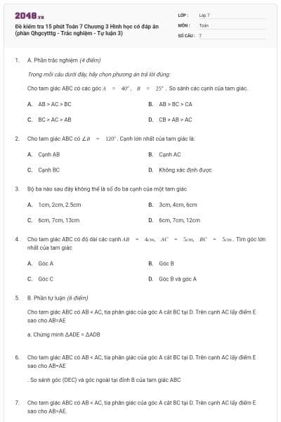Đề kiểm tra 15 phút Toán 7 Chương 3 Hình học có đáp án (phần Qhgcytttg - Trắc nghiệm - Tự luận 3)