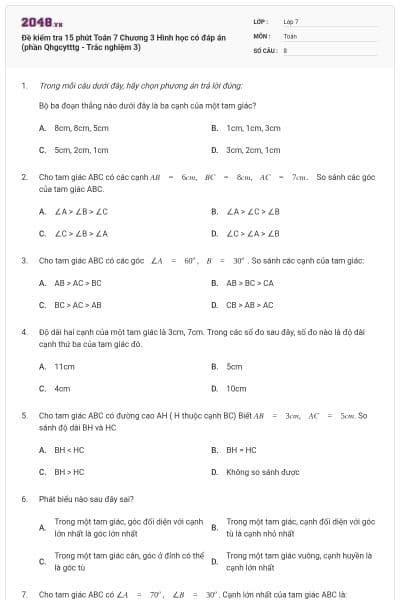 Đề kiểm tra 15 phút Toán 7 Chương 3 Hình học có đáp án (phần Qhgcytttg - Trắc nghiệm 3)