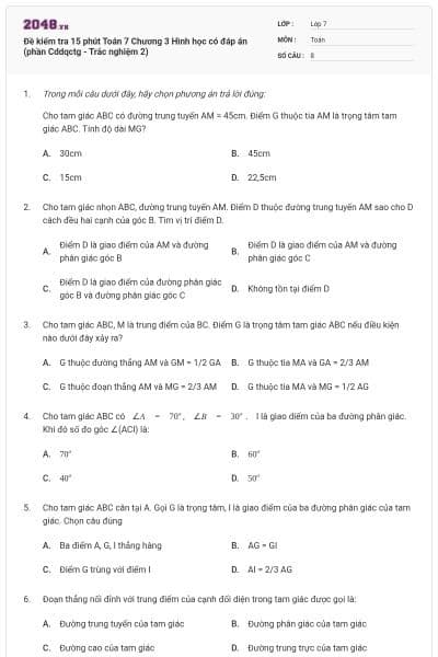 Đề kiểm tra 15 phút Toán 7 Chương 3 Hình học có đáp án (phần Cddqctg - Trắc nghiệm 2)