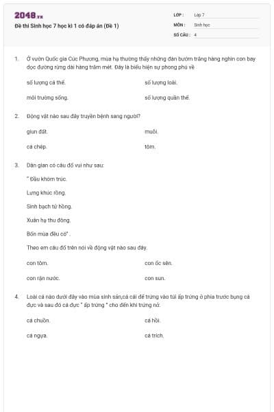 Đề thi Sinh học 7 học kì 1 có đáp án (Đề 1)