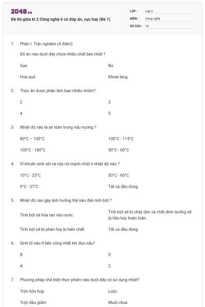 Đề thi giữa kì 2 Công nghệ 6 có đáp án, cực hay (Đề 1)