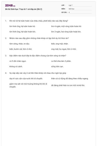 Đề thi Sinh học 7 học kì 1 có đáp án (Đề 2)