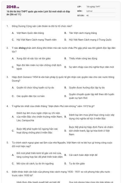 16 Đề thi thử THPT quốc gia môn Lịch Sử mới nhất có đáp án (Đề số 11)