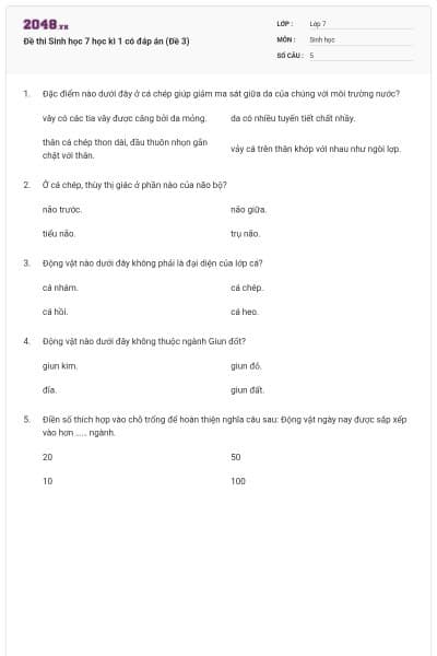 Đề thi Sinh học 7 học kì 1 có đáp án (Đề 3)