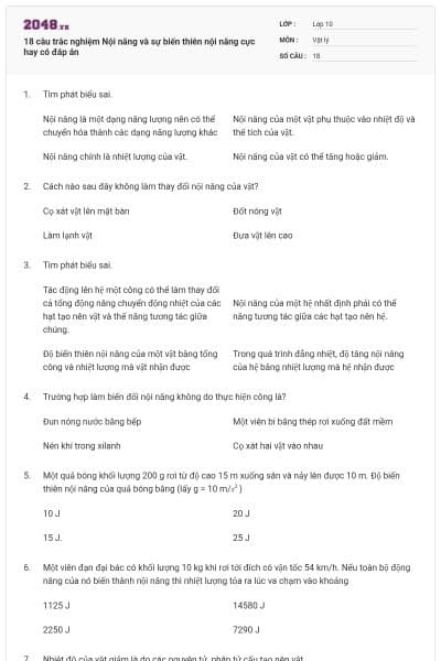18 câu trắc nghiệm Nội năng và sự biến thiên nội năng cực hay có đáp án