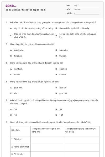 Đề thi Sinh học 7 học kì 1 có đáp án (Đề 3)