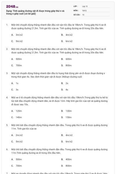 Dạng: Tính quãng đường vật đi được trong giây thứ n và trong n giây cuối (có lời giải)