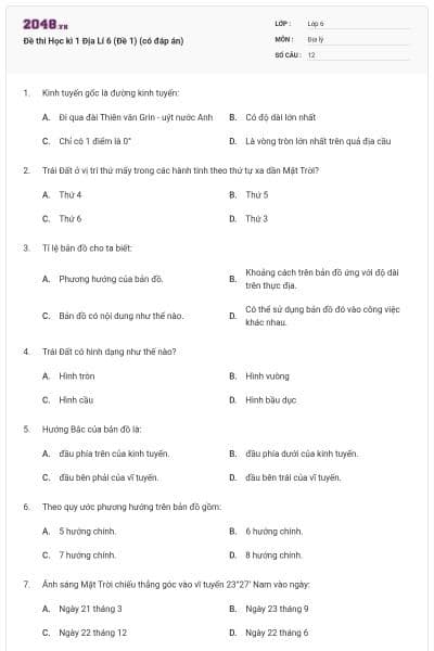 Đề thi Học kì 1 Địa Lí 6 (Đề 1) (có đáp án)
