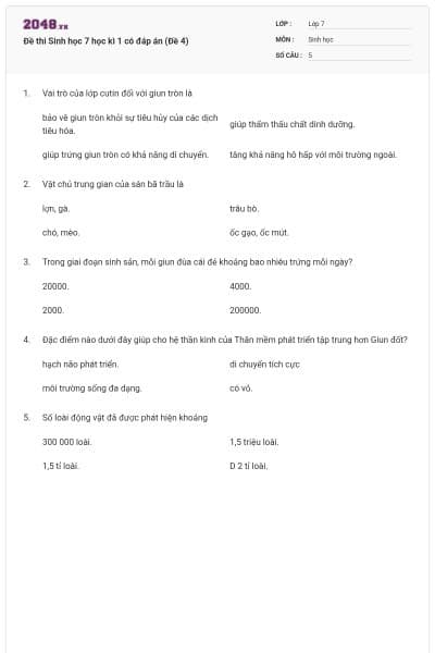 Đề thi Sinh học 7 học kì 1 có đáp án (Đề 4)