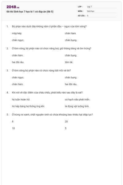 Đề thi Sinh học 7 học kì 1 có đáp án (Đề 5)