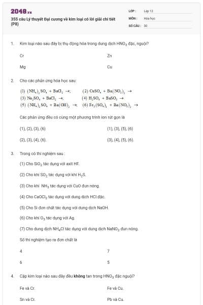 355 câu Lý thuyết Đại cương về kim loại có lời giải chi tiết (P8)