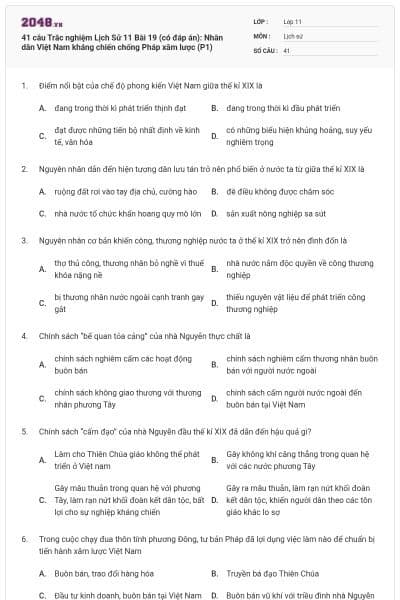 41 câu  Trắc nghiệm Lịch Sử 11 Bài 19 (có đáp án): Nhân dân Việt Nam kháng chiến chống Pháp xâm lược (P1)