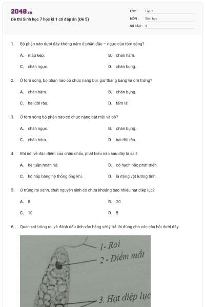 Đề thi Sinh học 7 học kì 1 có đáp án (Đề 5)