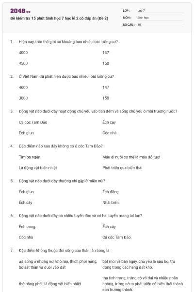 Đề kiểm tra 15 phút Sinh học 7 học kì 2 có đáp án (Đề 2)