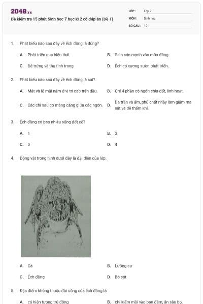Đề kiểm tra 15 phút Sinh học 7 học kì 2 có đáp án (Đề 1)