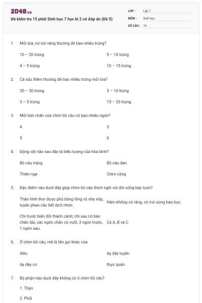 Đề kiểm tra 15 phút Sinh học 7 học kì 2 có đáp án (Đề 5)