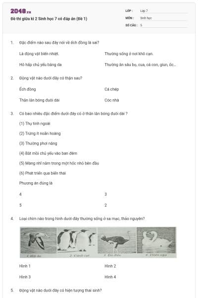 Đề thi giữa kì 2 Sinh học 7 có đáp án (Đề 1)