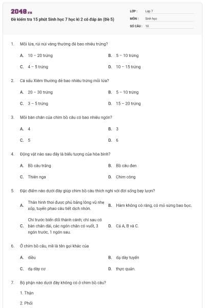 Đề kiểm tra 15 phút Sinh học 7 học kì 2 có đáp án (Đề 5)