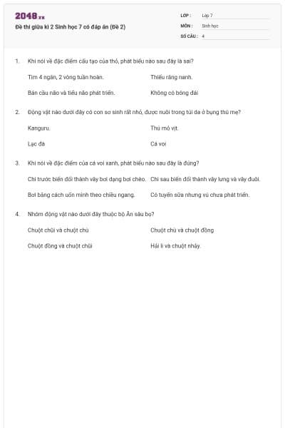 Đề thi giữa kì 2 Sinh học 7 có đáp án (Đề 2)