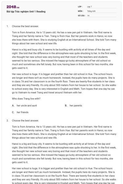 Bài tập Trắc nghiệm Unit 1 Reading