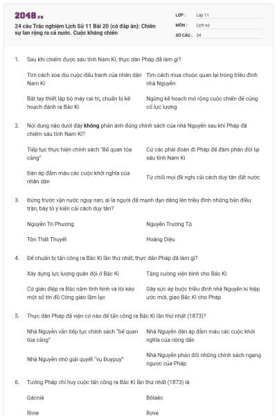 24 câu Trắc nghiệm Lịch Sử 11 Bài 20 (có đáp án): Chiến sự lan rộng ra cả nước. Cuộc kháng chiến