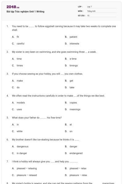 Bài tập Trắc nghiệm Unit 1 Writing