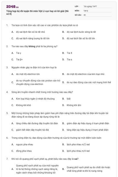 Tổng hợp bộ đề luyện thi môn Vật Lí cực hay có lời giải (Đề số 8)