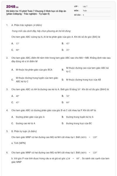 Đề kiểm tra 15 phút Toán 7 Chương 3 Hình học có đáp án (phần Cddqctg - Trắc nghiệm - Tự luận 4)