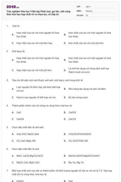 Trắc nghiệm Hóa học 9 Bài tập Phân loại, gọi tên, viết công thức hóa học hợp chất vô cơ chọn lọc, có đáp án