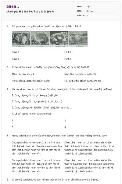 Đề thi giữa kì 2 Sinh học 7 có đáp án (Đề 3)