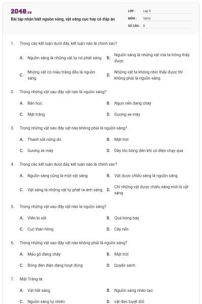 Bài tập nhận biết nguồn sáng, vật sáng cực hay có đáp án