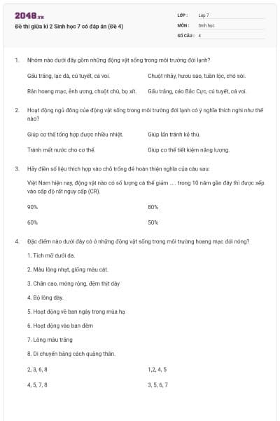 Đề thi giữa kì 2 Sinh học 7 có đáp án (Đề 4)