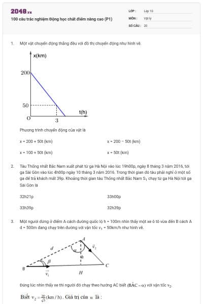 100 câu trắc nghiệm Động học chất điểm nâng cao (P1)