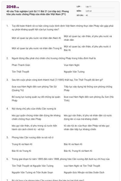 40 câu Trắc nghiệm Lịch Sử 11 Bài 21 (có đáp án): Phong trào yêu nước chống Pháp của nhân dân Việt Nam (P1)