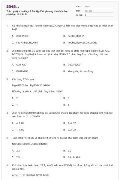Trắc nghiệm Hoá học 9 Bài tập Viết phương trình hóa học chọn lọc, có đáp án
