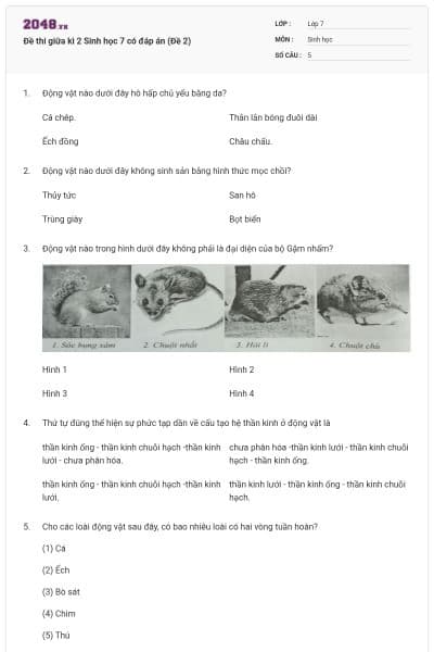 Đề thi giữa kì 2 Sinh học 7 có đáp án (Đề 2)