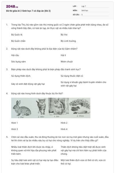 Đề thi giữa kì 2 Sinh học 7 có đáp án (Đề 3)