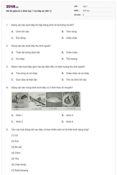 Đề thi giữa kì 2 Sinh học 7 có đáp án (Đề 1)