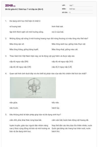 Đề thi giữa kì 2 Sinh học 7 có đáp án (Đề 4)