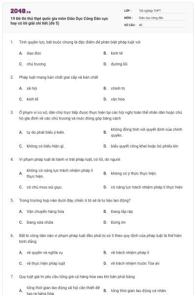 19 Đề thi thử thpt quốc gia môn Giáo Dục Công Dân cực hay có lời giải chi tiết (đề 5)