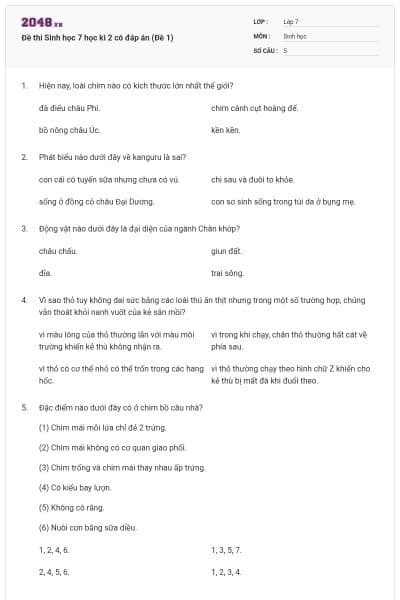 Đề thi Sinh học 7 học kì 2 có đáp án (Đề 1)