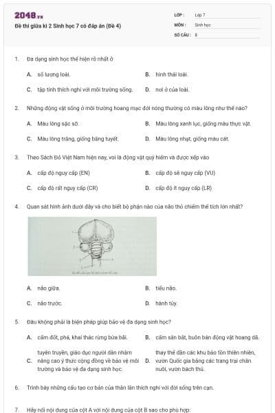 Đề thi giữa kì 2 Sinh học 7 có đáp án (Đề 4)